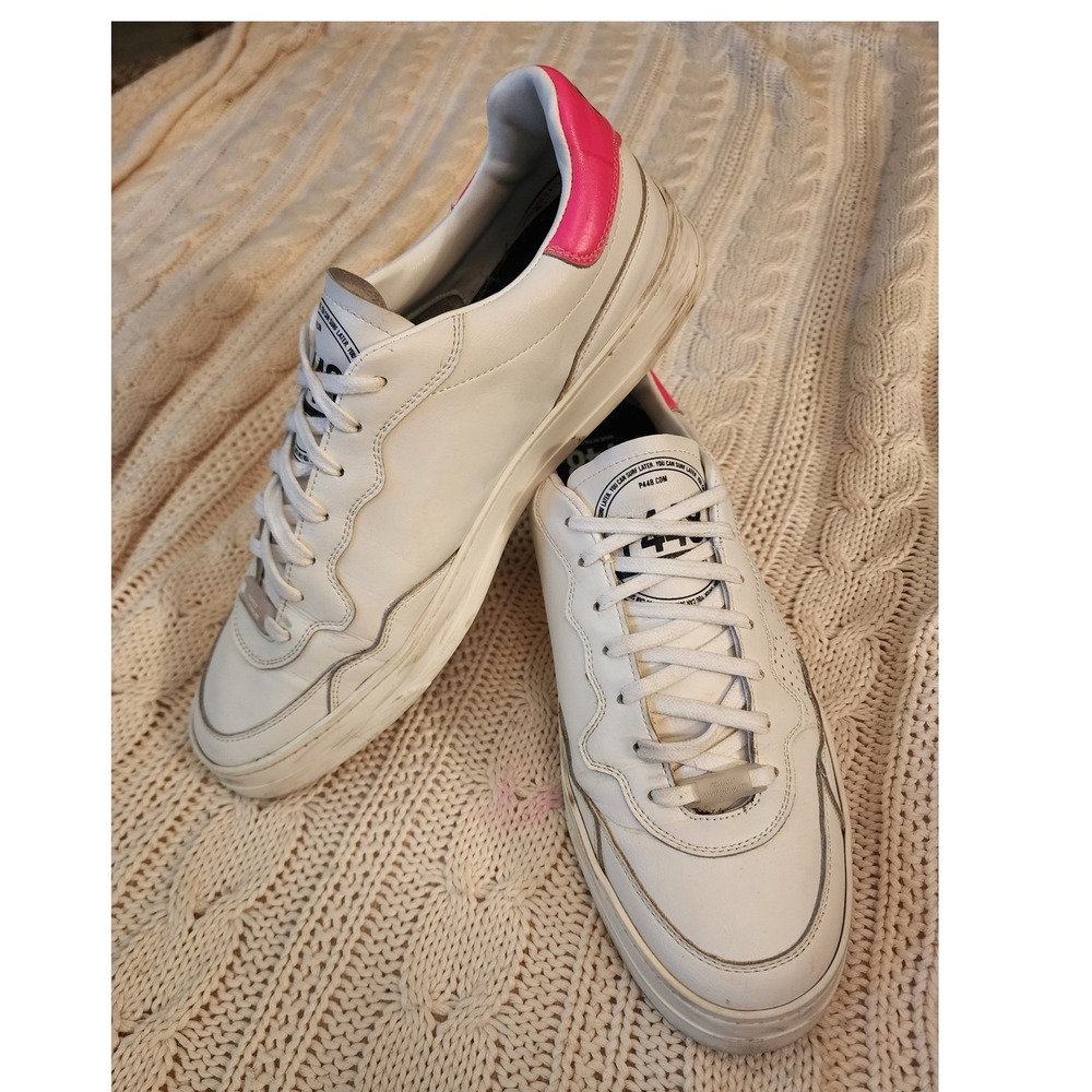 P448 John Sneakers White Hot Pink Leather Mens Size 12 EU 45